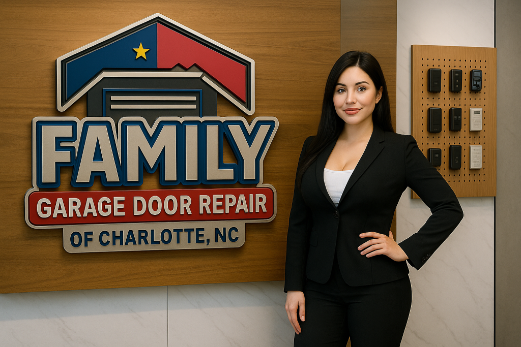 Garage Door Spring Replacement Cost in Kings Mountain NC (2026) Female employee in a black suit standing beside the Family Garage Door Repair of Charlotte, NC logo with garage door remotes on display