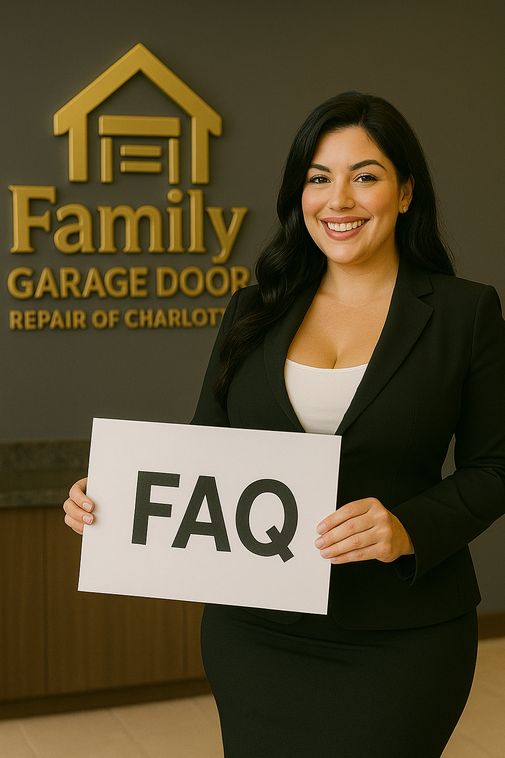 Charlotte Holding up a FAQ sigh for Family Garage Door Repair of Charlotte NC