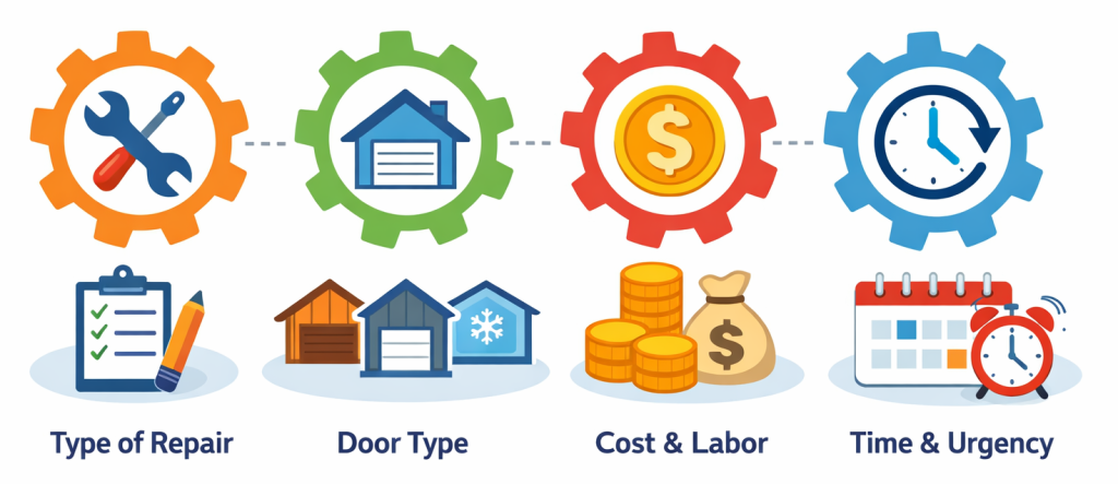 How Much Does Garage Door Repair Cost in Charlotte, NC? Factors affecting garage door repair cost flat illustration icons