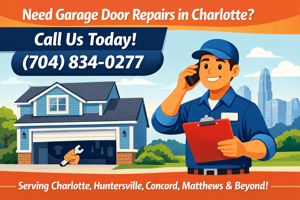 How Much Does Garage Door Repair Cost in Charlotte, NC? Garage door repair Charlotte NC flat illustration technician with phone and house showing call for service