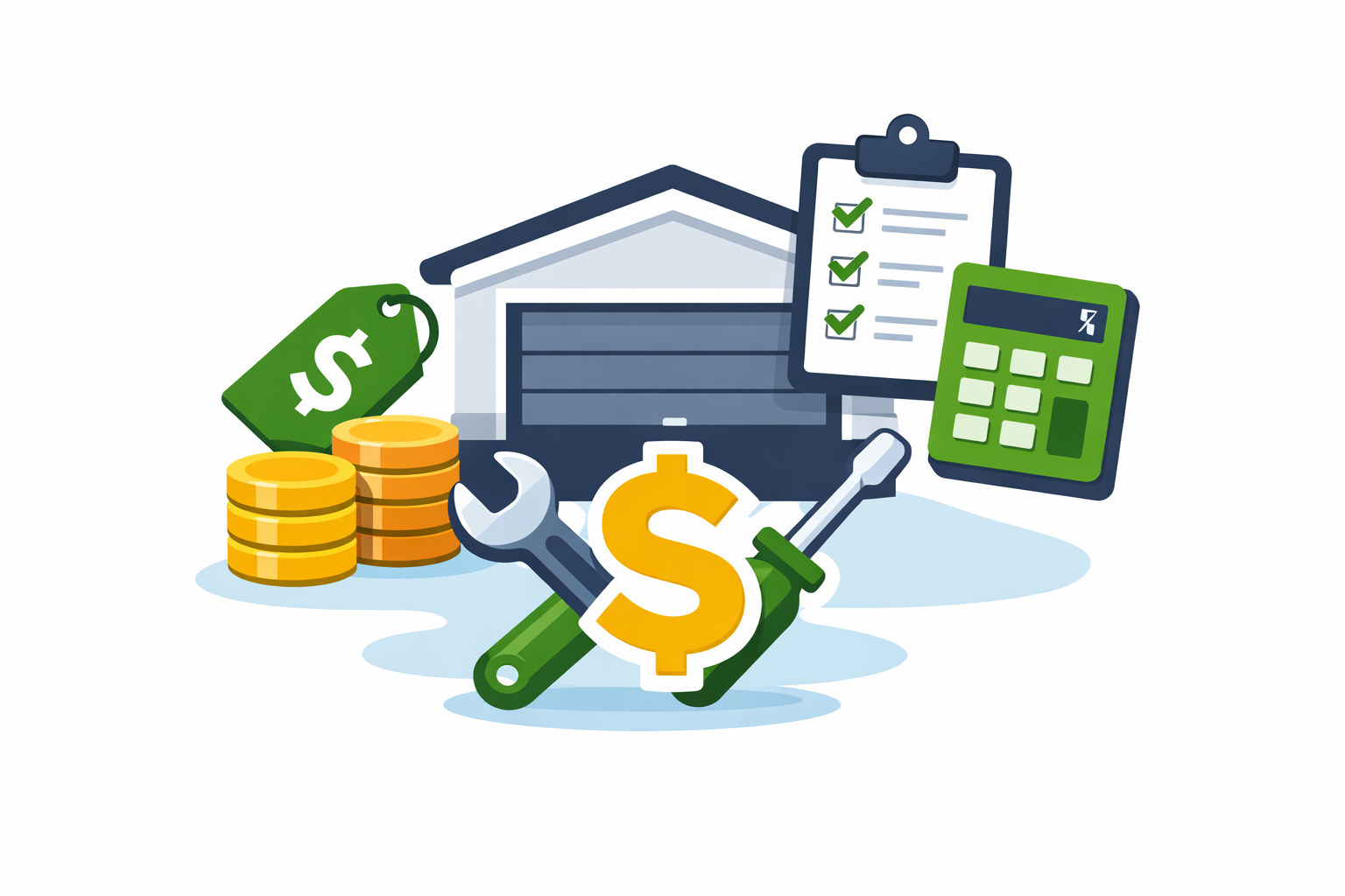 Garage door repair pricing concept with wrench, calculator and dollar symbol