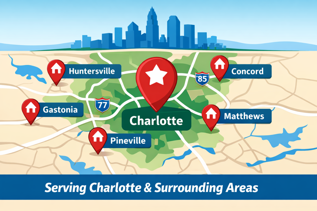 How Much Does Garage Door Repair Cost in Charlotte, NC? Garage door repair service areas Charlotte NC map flat illustration