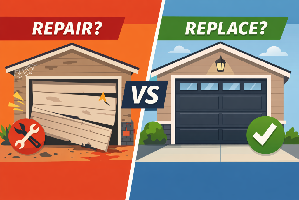 How Much Does Garage Door Repair Cost in Charlotte, NC? Repair vs replace garage door comparison flat illustration