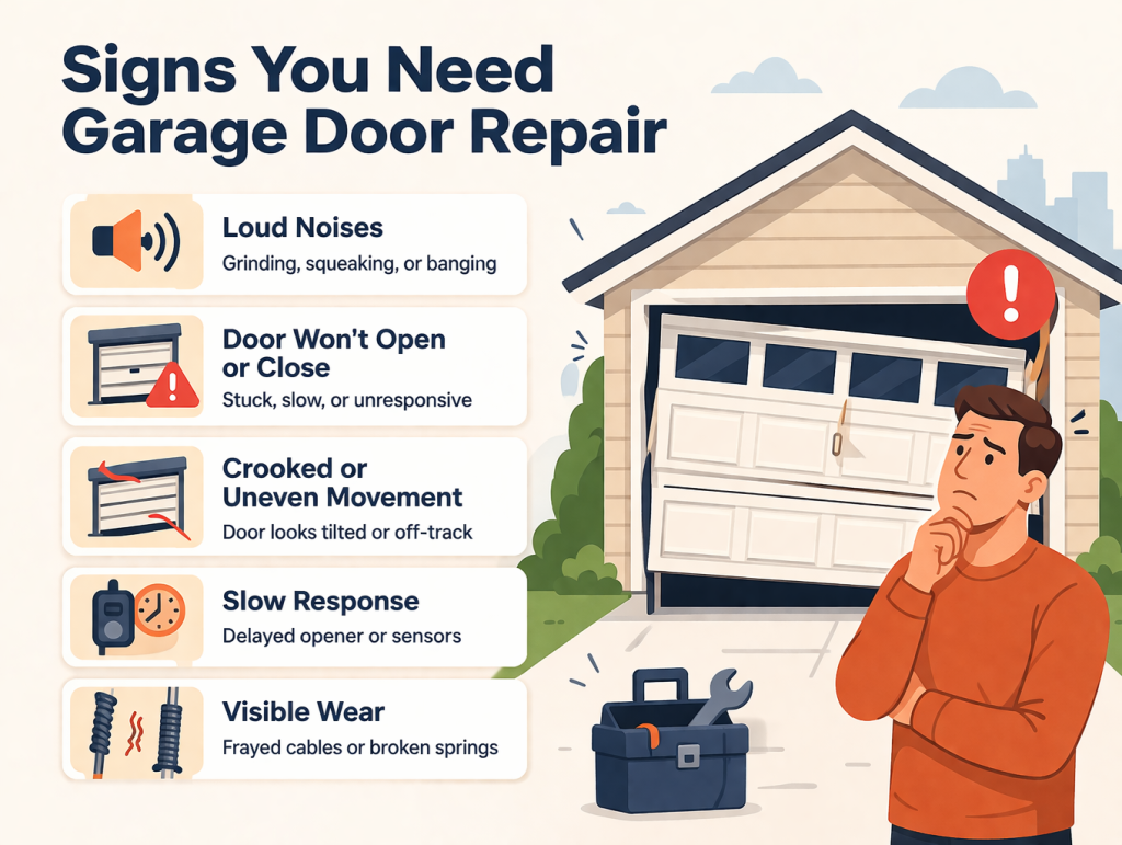 How Much Does Garage Door Repair Cost in Charlotte, NC? Signs you need garage door repair flat illustration broken door warning