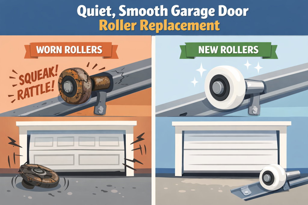Garage door roller replacement comparison showing worn noisy rollers vs new smooth nylon rollers on residential garage door track