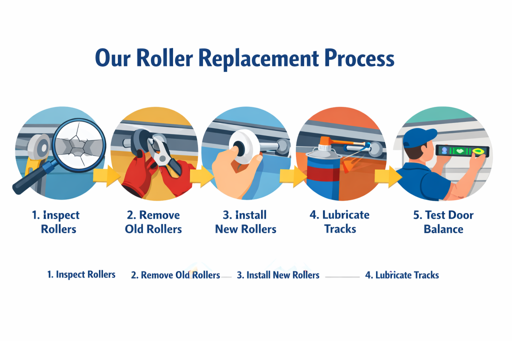 Garage door roller replacement process infographic showing inspect rollers, remove old rollers, install new rollers, lubricate tracks, and test door balance