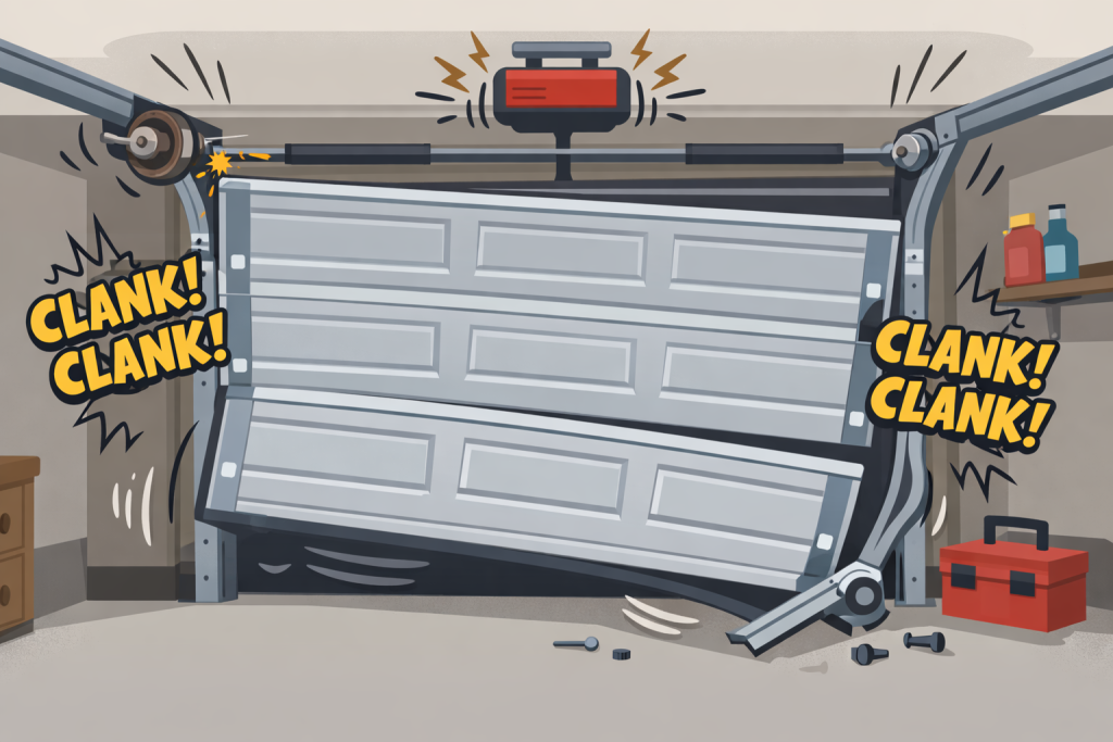 Noisy shaking garage door with worn rollers causing loud clanking and off-track movement flat illustration