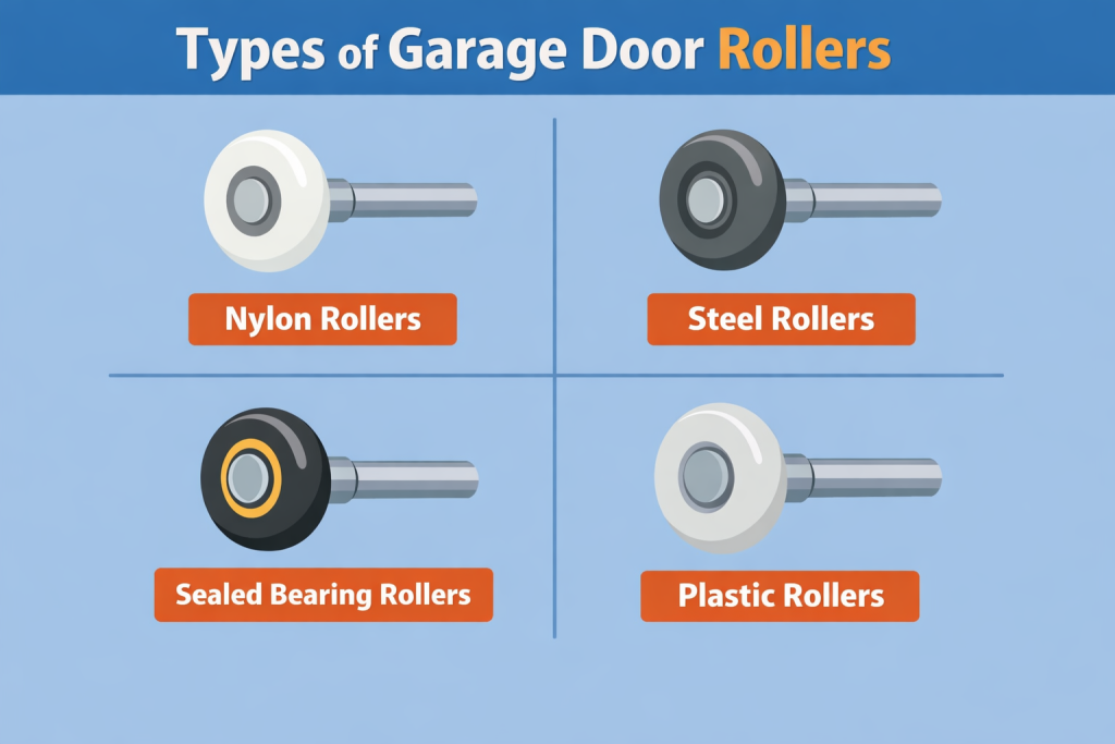 Types of garage door rollers infographic showing nylon, steel, sealed bearing, and plastic garage door rollers