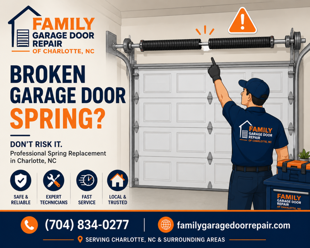 Broken garage door spring replacement service by Family Garage Door Repair of Charlotte NC