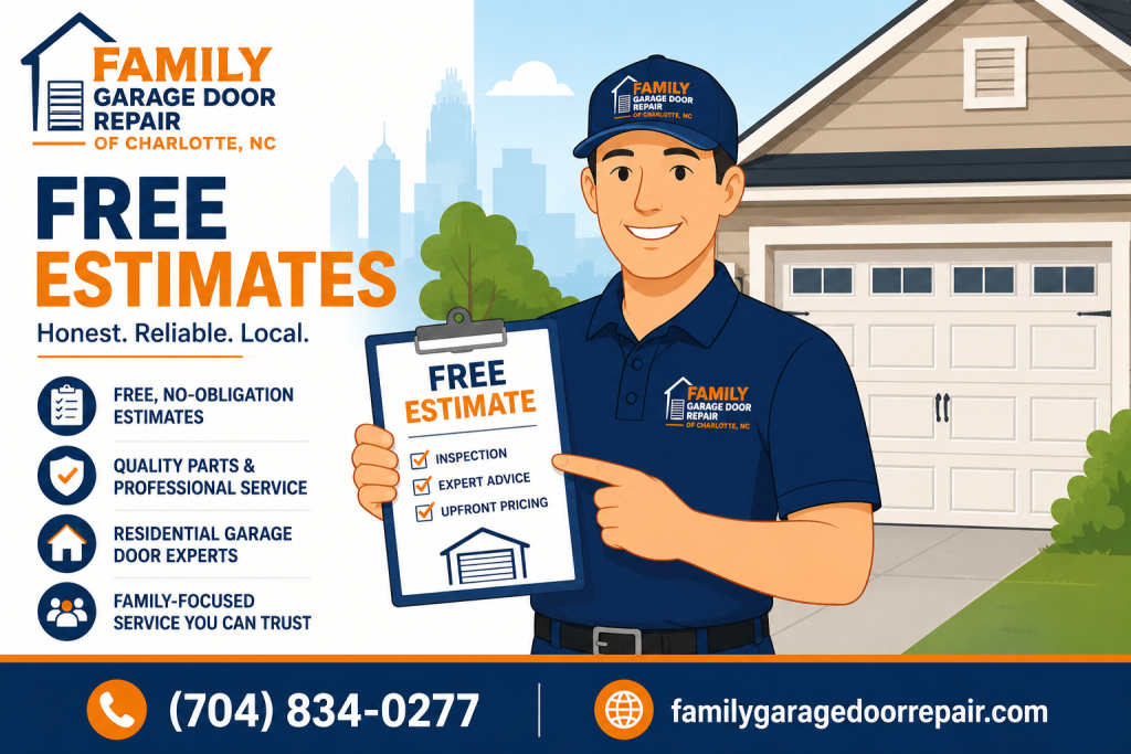 Family Garage Door Repair Charlotte NC technician offering free garage door repair estimate in front of residential garage door