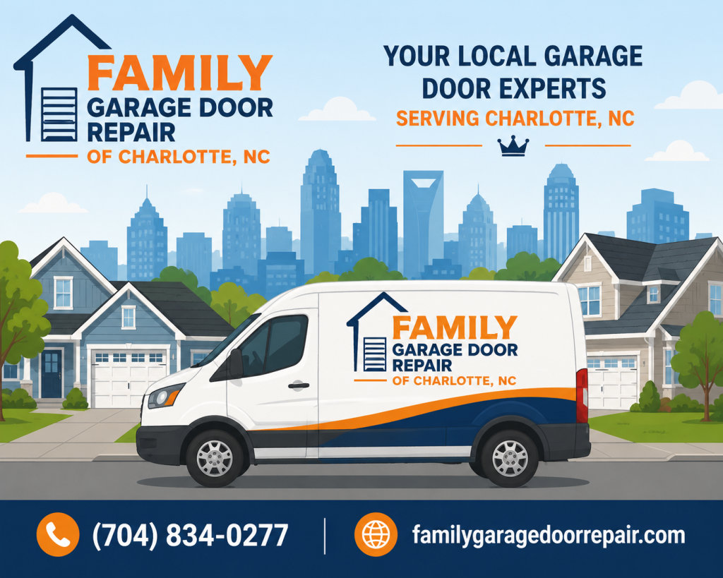 Family Garage Door Repair service van in Charlotte NC neighborhood with garage doors and skyline