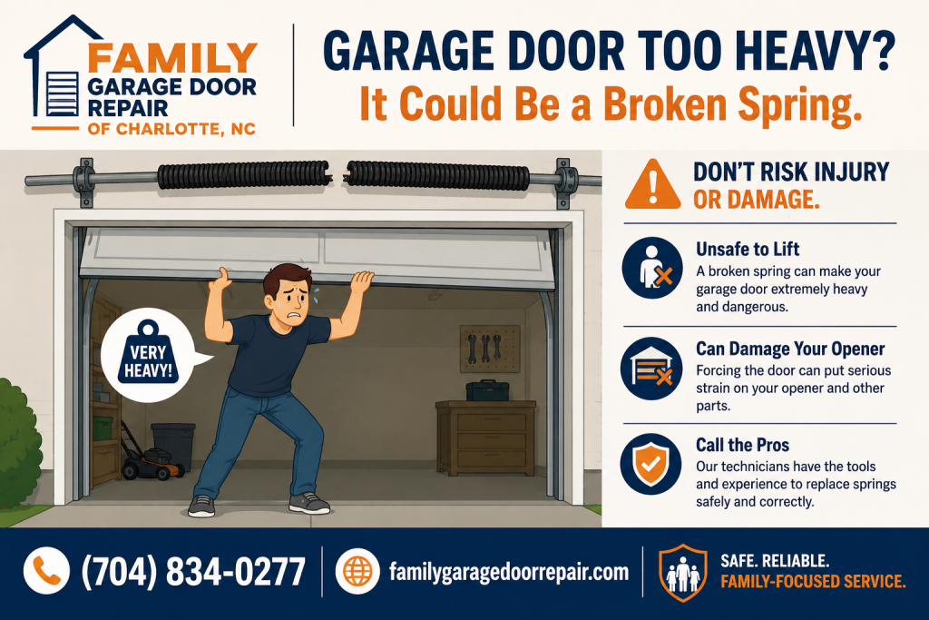 Homeowner struggling to lift a heavy garage door with a broken spring in Charlotte NC flat illustration by Family Garage Door Repair