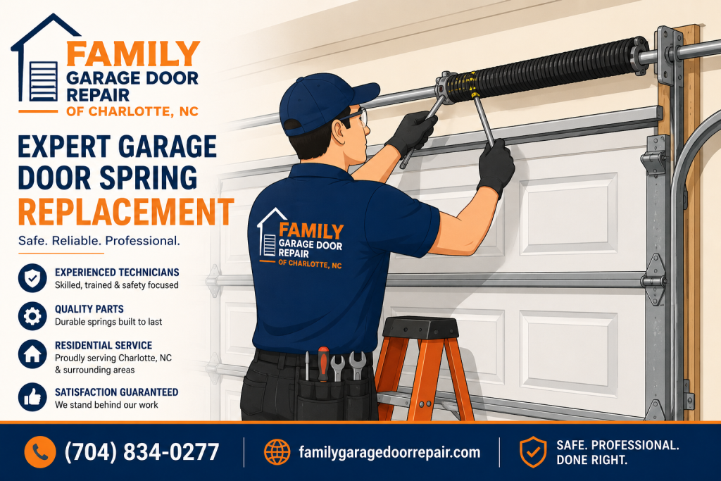 Technician replacing garage door torsion spring for Family Garage Door Repair in Charlotte NC