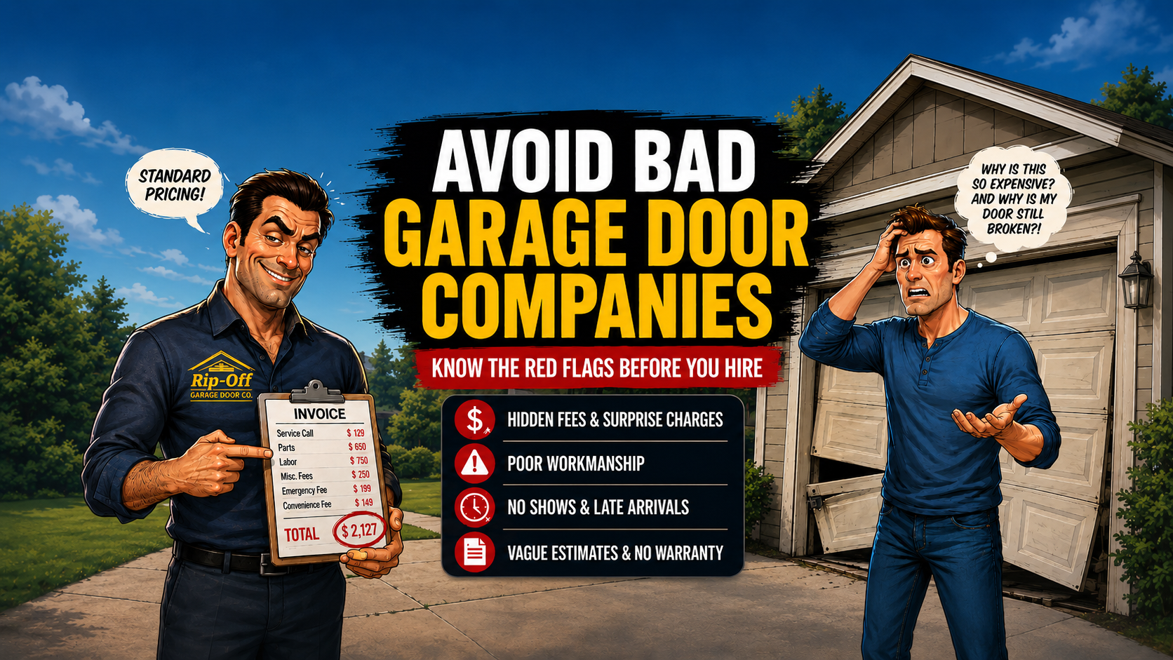 Avoid bad garage door companies featured image showing a shady salesman with an inflated invoice and a frustrated homeowner by a broken garage door