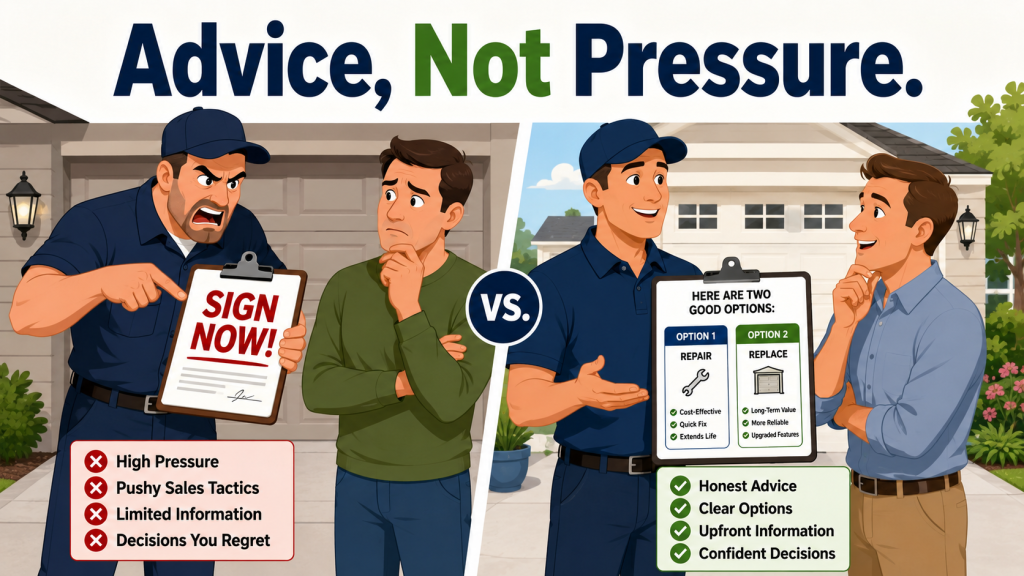 Garage door customer comparing high-pressure sales tactics with honest professional repair advice.