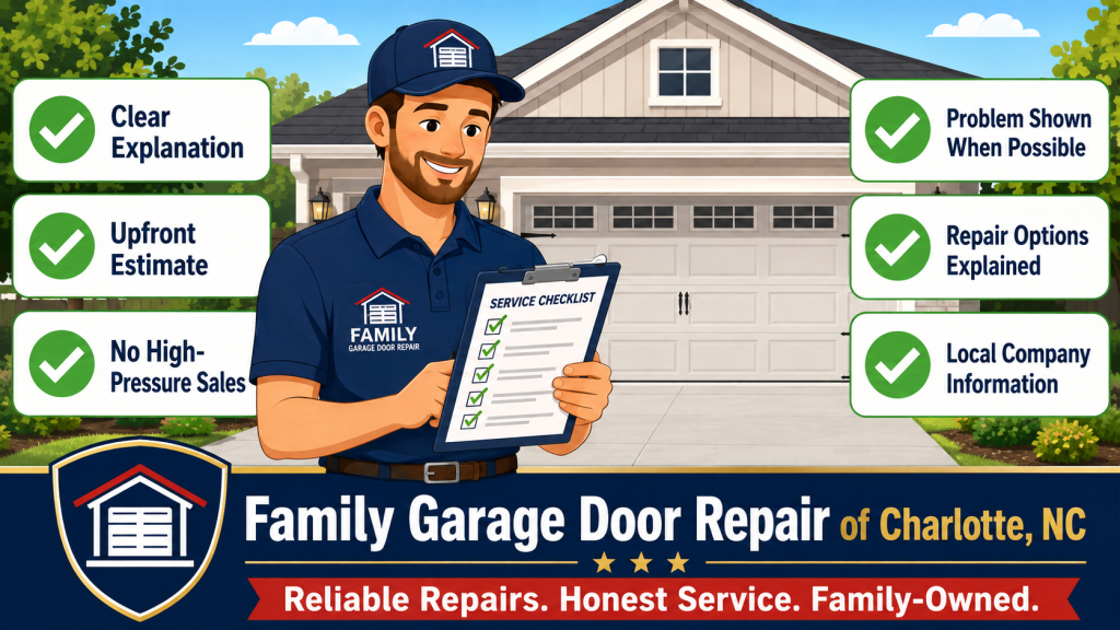 Homeowner checklist infographic from Family Garage Door Repair of Charlotte NC showing signs of an honest garage door company