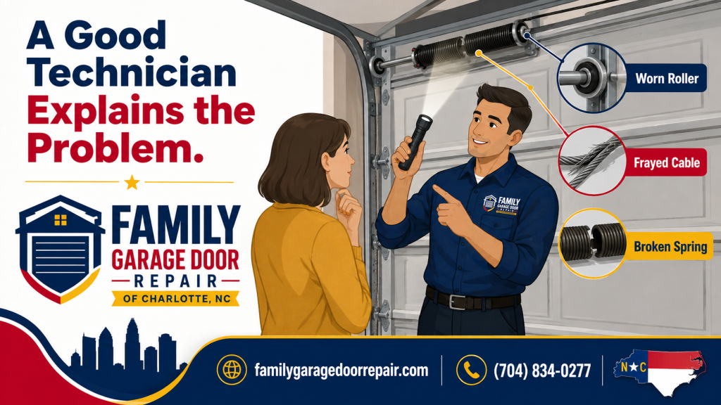 Family Garage Door Repair technician explains a worn roller, frayed cable, and broken spring to a homeowner