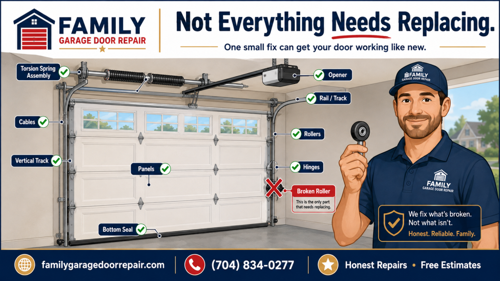Family Garage Door Repair technician showing a broken garage door roller while other door components are marked in good condition